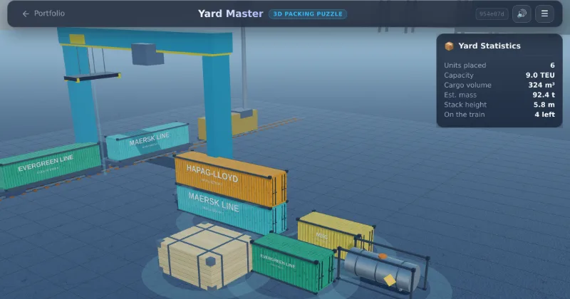 Yard Master: containers stacked in a 3D yard, with the cargo palette and yard statistics alongside.