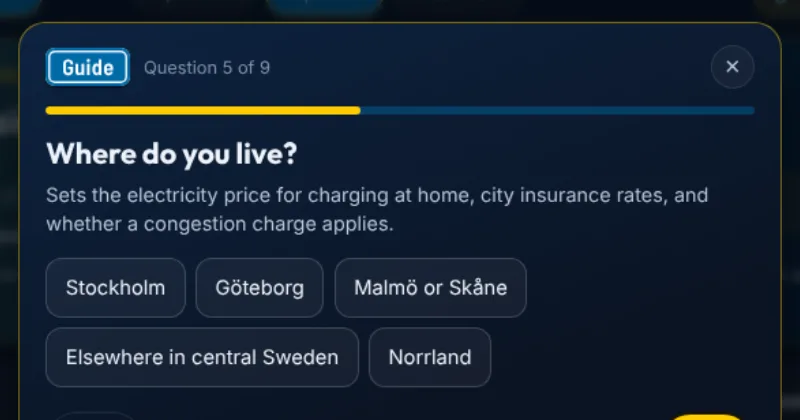 The walkthrough asking where you live, with Stockholm, Göteborg, Malmö, central Sweden and Norrland to choose from.