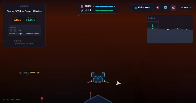 The lander further into the run, drifting downrange over the basin with the delivery hub ahead.