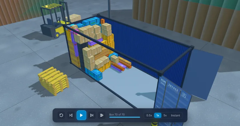 A container in the loading yard packed with a random mix of cartons, crates and tubes, a forklift and empty pallets beside it.