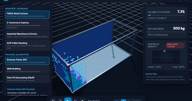 Cargo Packer 3D: interactive 3D container packing visualizer with real-time Center of Gravity gauge.