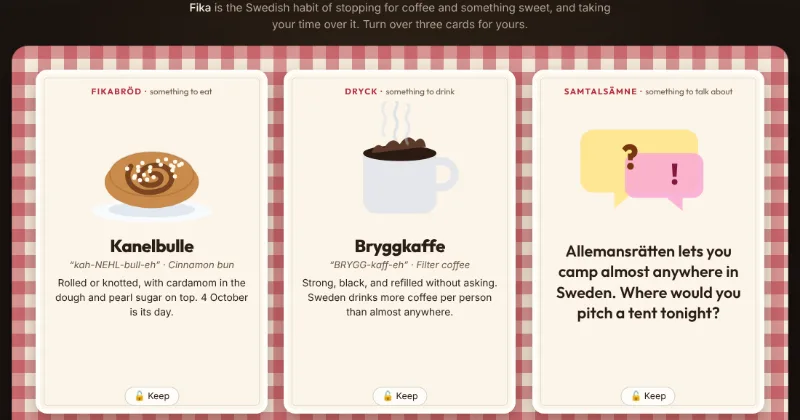 Three fika cards turned over on red gingham: a kanelbulle, a mug of filter coffee and a question about where you would pitch a tent tonight.