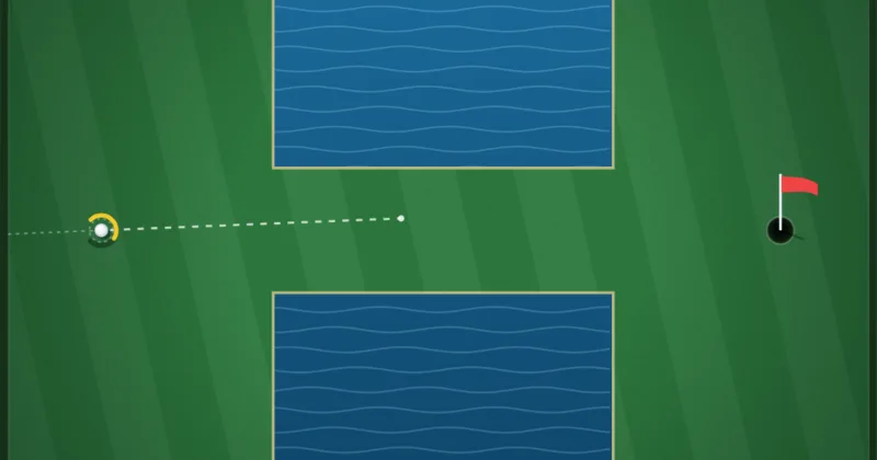 Pocket Links: a ball on the fairway lined up at the pin, water either side of the approach.
