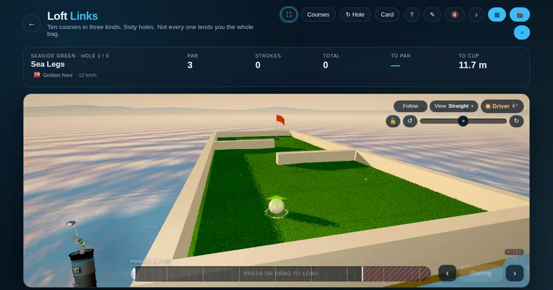 Loft Links: a raised mini golf hole over open water at golden hour, seen from behind the ball with the club bag in the corner and the live scoring HUD overhead.