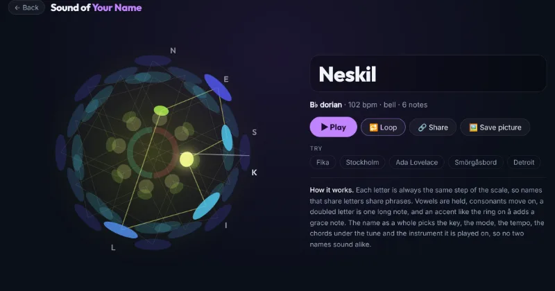 “Neskil” as a rosette in B-flat dorian: six petals for six letters, the second glowing as it plays.