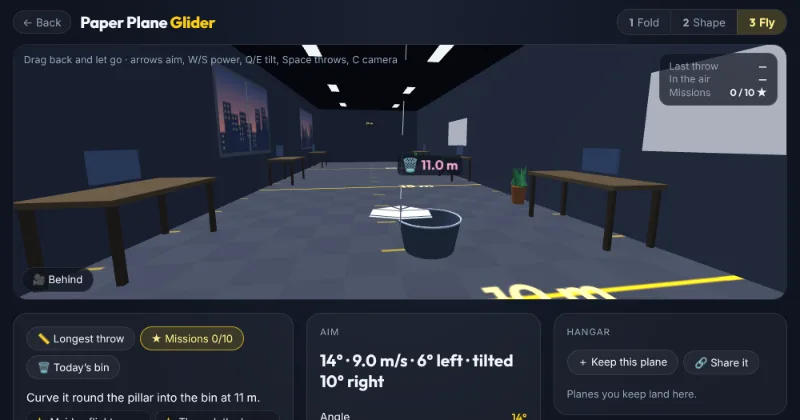 The office in 3D from just behind a paper glider as it curves in towards a wastepaper bin eleven metres down the room, past desks along both walls.