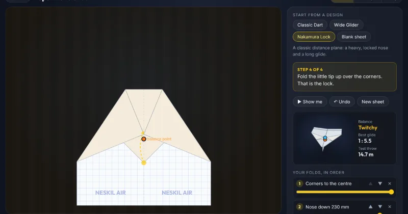 A sheet of A4 three folds into a Nakamura Lock with a guide arrow showing the last fold, beside a live 3D model of the plane and its list of folds.