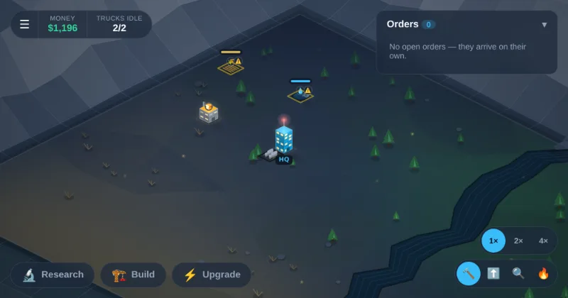 Supply Chain Tycoon: an isometric map with a road under construction, a truck on its way, and the order board open.