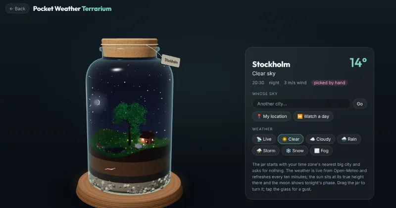The same jar on a clear night: stars, a crescent moon and fireflies over the meadow.