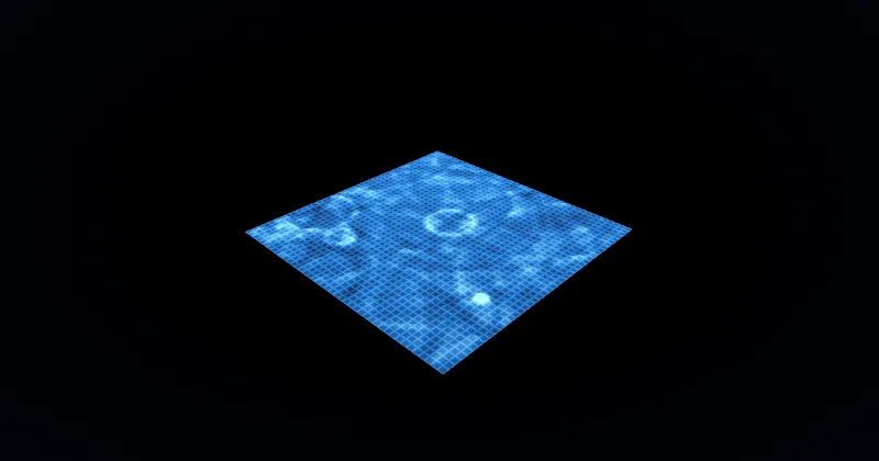 A sheet of water seen from above at an angle, expanding ripple rings crossing and interfering over a glowing blue lattice.