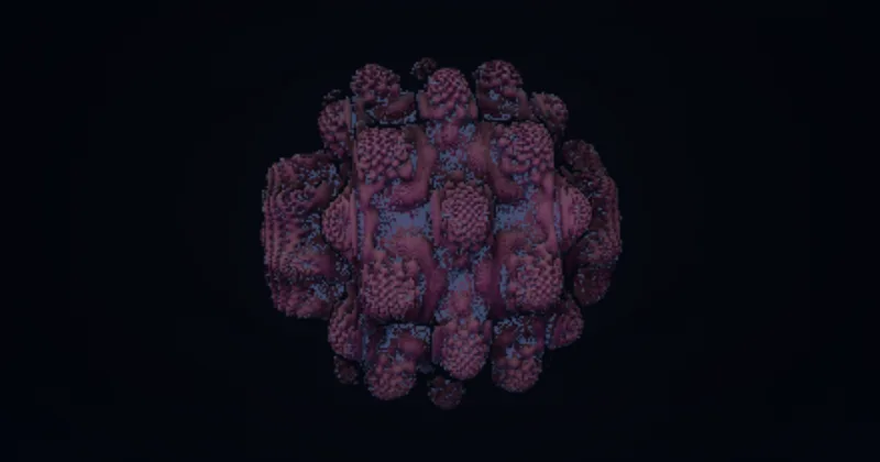 A Mandelbulb fractal filling the frame: knobbled magenta and rose lobes with blue light in the crevices.