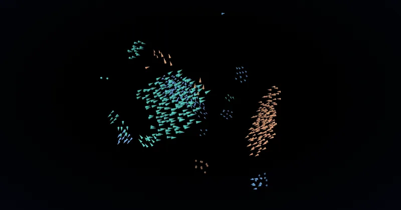 Three flocks of small cones — blue, orange and green — each group flying in formation and keeping clear of the others.