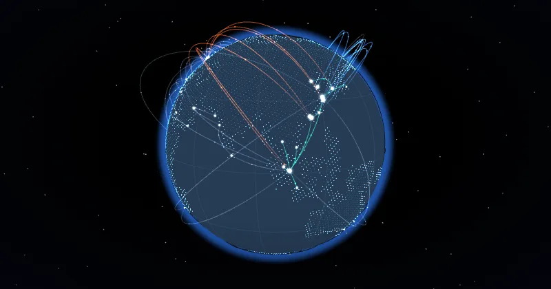A dark globe drawn as a field of glowing dots, with coloured shipping-lane arcs curving between ports across Europe, Africa and Asia.
